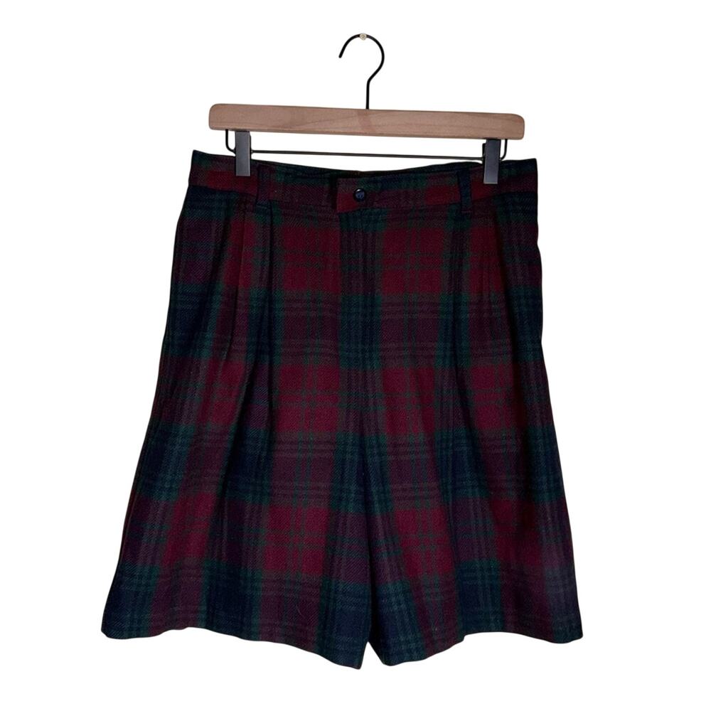 VINTAGE SAG HARBOR wool blend plaid academia high waisted 80s shorts 14